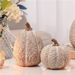 Artificial Pumpkin Decor Set of 2 White Brown Resin Pumpkins Fall Thanksgiving